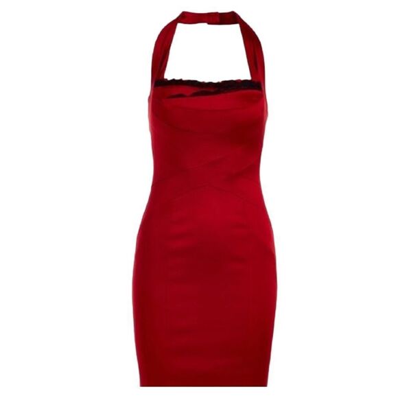 Issue red Stretch Satin Bodycon Halter Dress Black Lace Trim Valentines Day Sexy - Picture 1 of 7